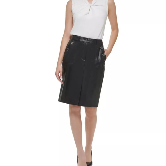 Tommy Hilfiger Dresses & Skirts - Tommy Hilfiger Black Sailor Style Faux-Leather Knee-Length Skirt Sz 12 NWOT